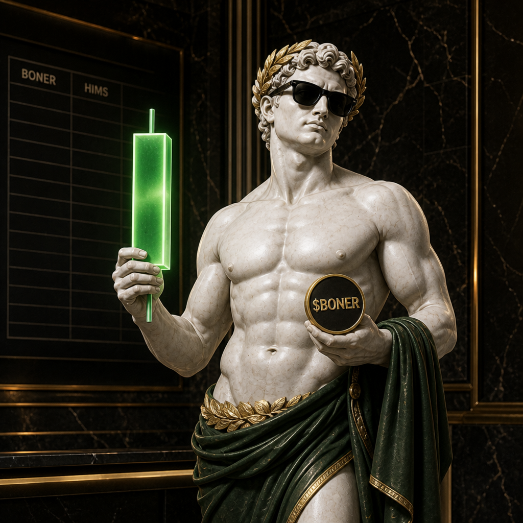 White-marble BONER mascot wearing sunglasses and holding a green market candle and BONER medallion