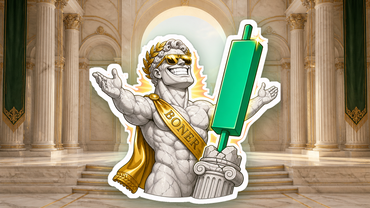 The BONER marble mascot standing triumphantly in a classical marble treasury with a green candle